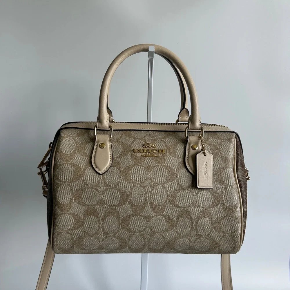 Coach Rowan Satchel Khaki Chalk Signature Canvas Leather Bag Excellent‎